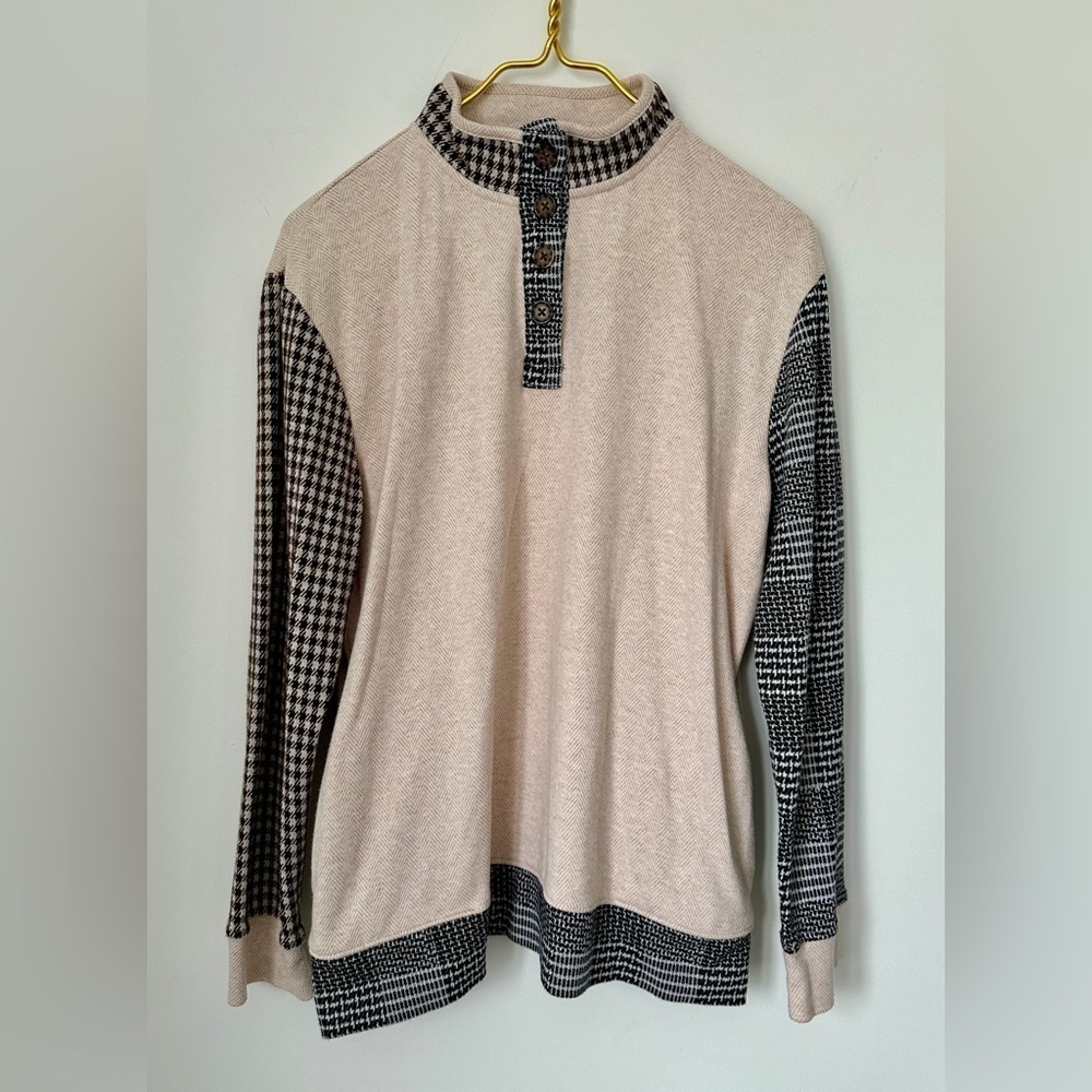 Lands’ End Tan Mixed Pattern Mock Neck Soft Stretch Pullover Women’s Medium